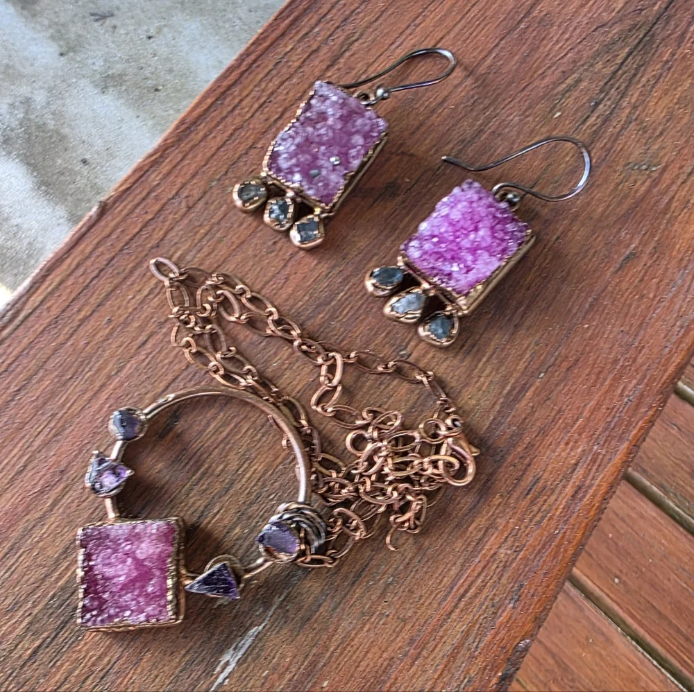 Beautiful Multi-Color Druzy Pendant & Earring Set in Copper